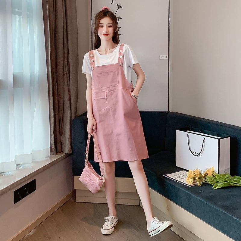 【新作】【送料無料】 マタニティウェア2020夏の新しい小さな新鮮な妊娠中のツーピースカジュアルデニムミドル丈サスペンダースカート+ Tシャツ-アリババ サマー 夏物 expec258648776774