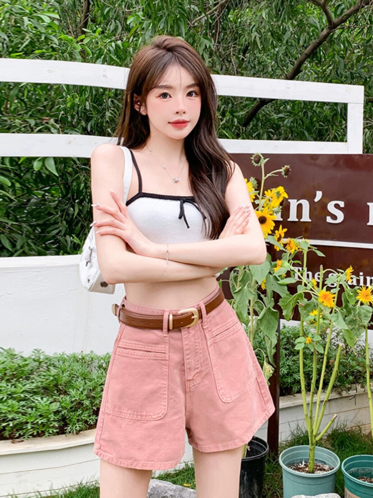 ピンクデニムショートパンツレディース夏見え細身ハイウエストAライン