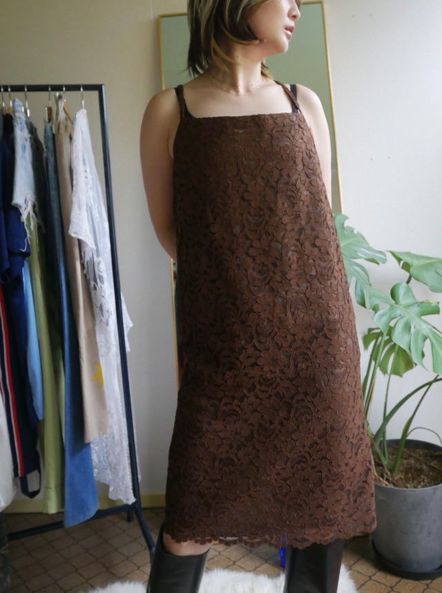 70s Italy "Cupido" Brown Lace Cami Dress M