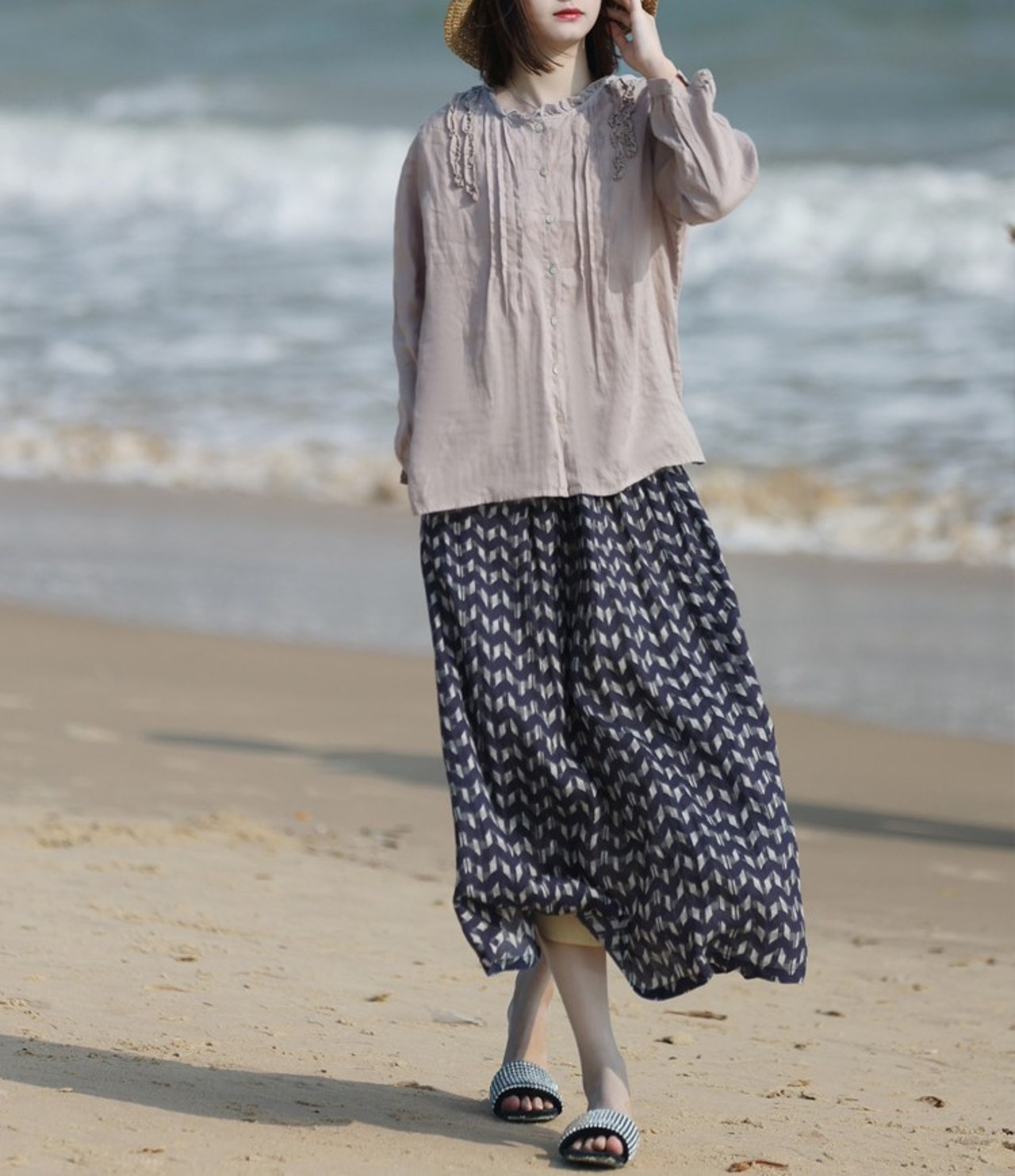 ジオメトリック柄ロングAラインスカート W01234