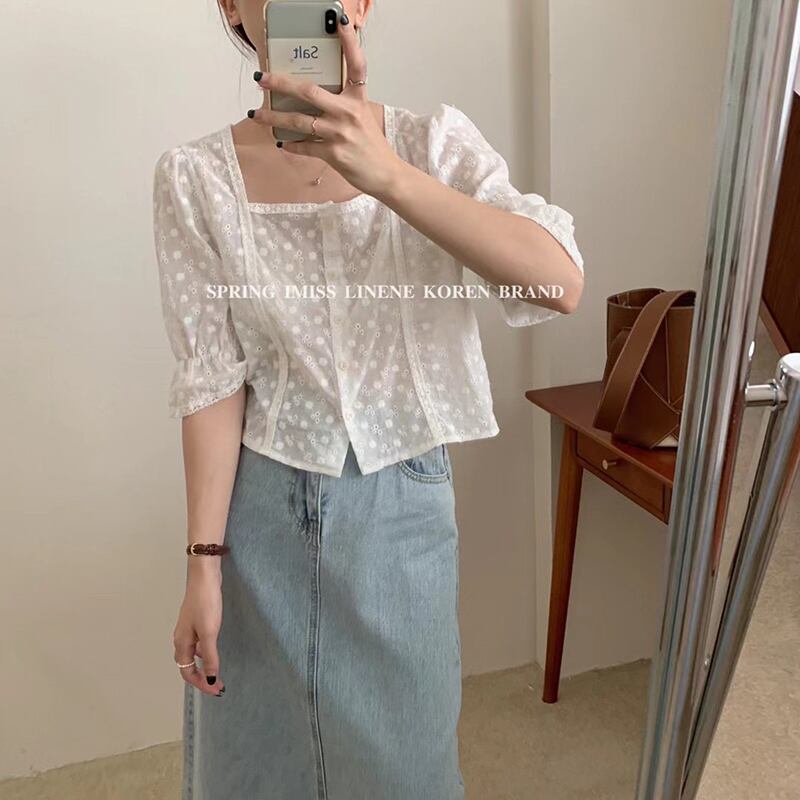 トップス サマールーズ薄手カラースリーブシャツ 夏物 スクウェア ビッグFスモールZ韓国96664313777