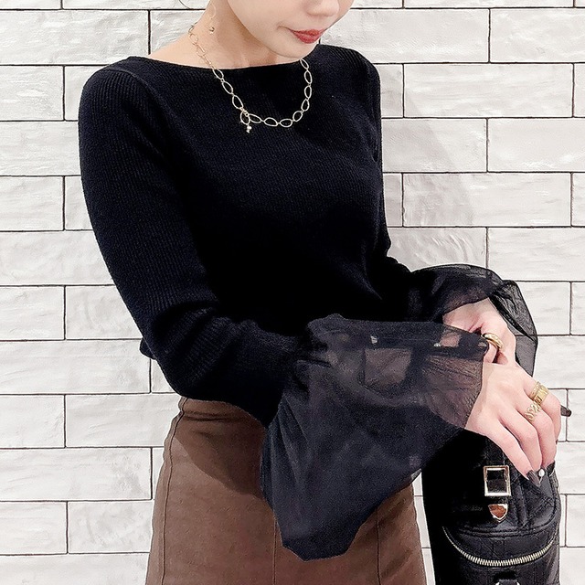 チュールカフスニット レディース チュール袖 ニット フェミニン ニット 大人かわいい きれいめカジュアル バルーンスリーブ デートコーデ ブラウン ブラック 20代 30代 40代