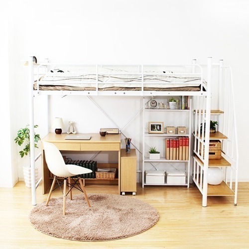 階段付き ロフトベット パイプベッド シングル ハイタイプミドルタイプに高さ調整 コンセント付宮棚