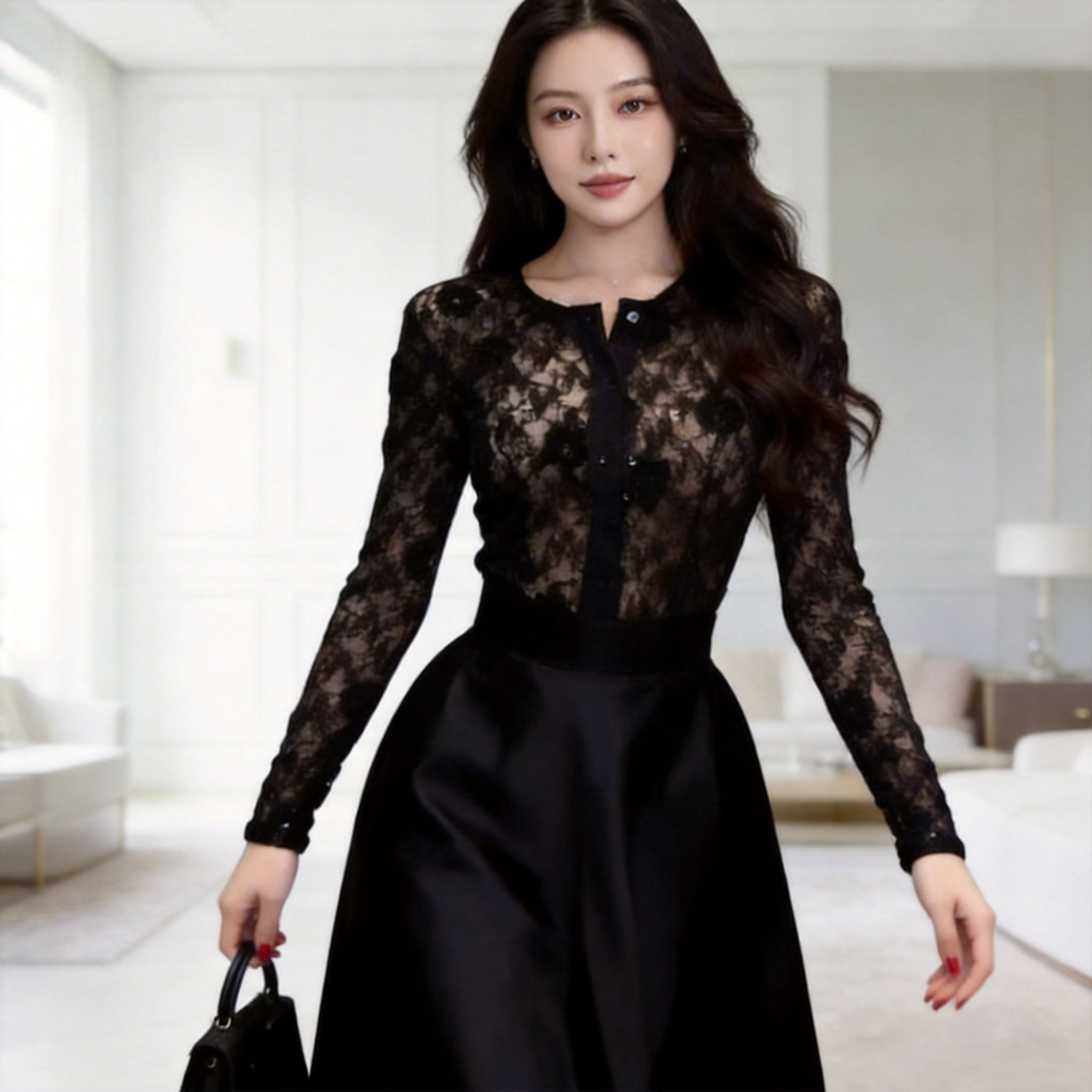 レーススリムフィットシャツandスカートセットアップ A1024