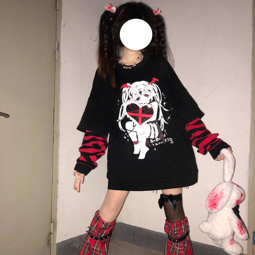 サブカル 服 地雷系 通販 ファッション 女子 長袖プルオーバー スウェット ボーダー フェイクレイヤード 重ね着風 二次元美少女プリント チャイナ風 中華 レトロ 闇かわいい ストリート系