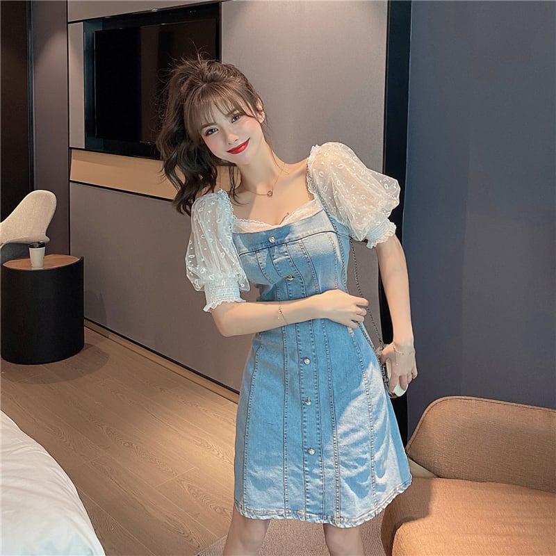 ワンピース カジュアル 半袖 ファッション デニム Aライン スクエアネック 重ね着風 配色 ブルー M L Dresszone