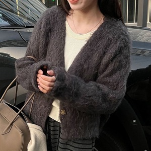 v-neck shaggy knit cardigan　J00342