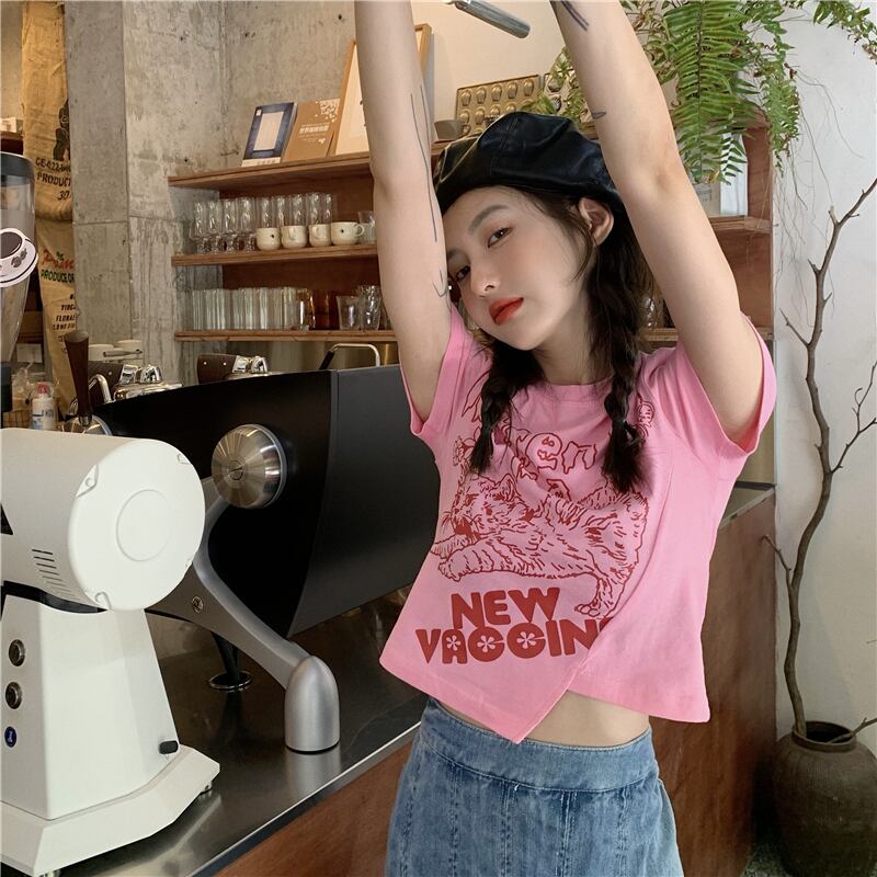 プリント柄ショートスリムTシャツ サマートップス ピンク 夏物 モンロー64588165831