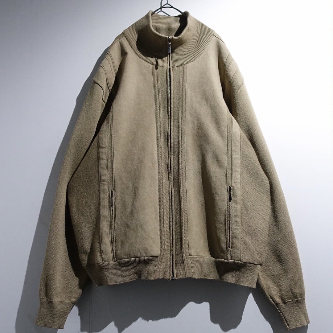 Beige Faux Suede Switching Design Full-Zip Knit