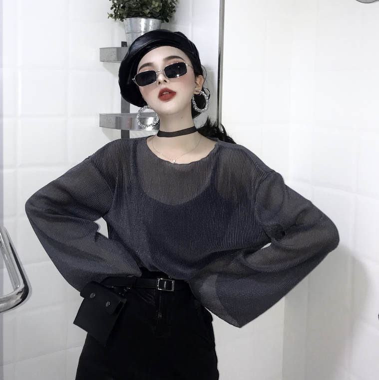 送料無料 大人かっこいい 2点セット セットアップ クール きれいめ ボリューム袖 透け感 シースルー カットソー キャミソール Lamitte Deco トレンド 韓国ファッション ショップ Base店