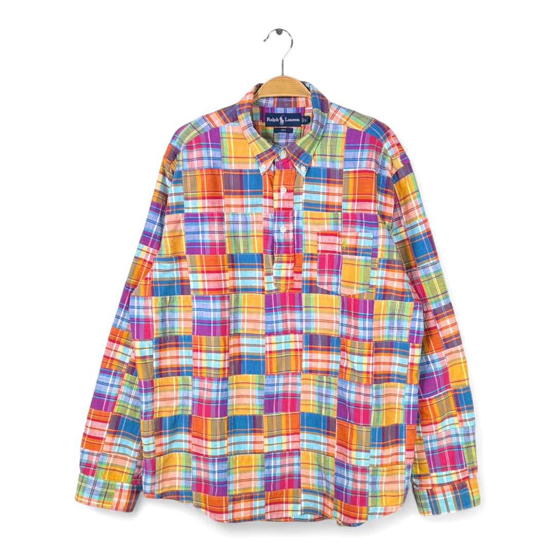 90s ラルフローレン パッチワーク マドラスチェック プルオーバーシャツ ボタンダウン 長袖シャツ コットン ワンポイントポニー JAY RALPH LAUREN 大きいサイズ メンズXXL 古着 @CA1476