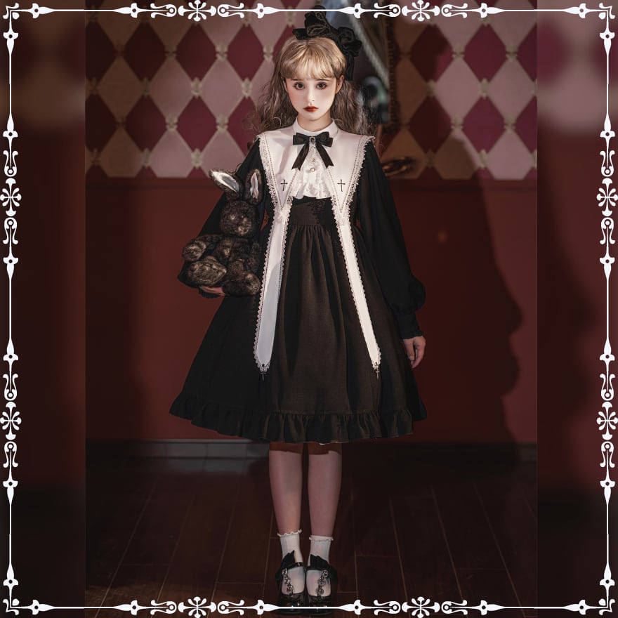 クトゥルーシスター　白黒色ワンピース と付け襟　ゴシックロリータ レースタコ クトゥルーシスター 白黒色ワンピース と付け襟 ゴシックロリータ