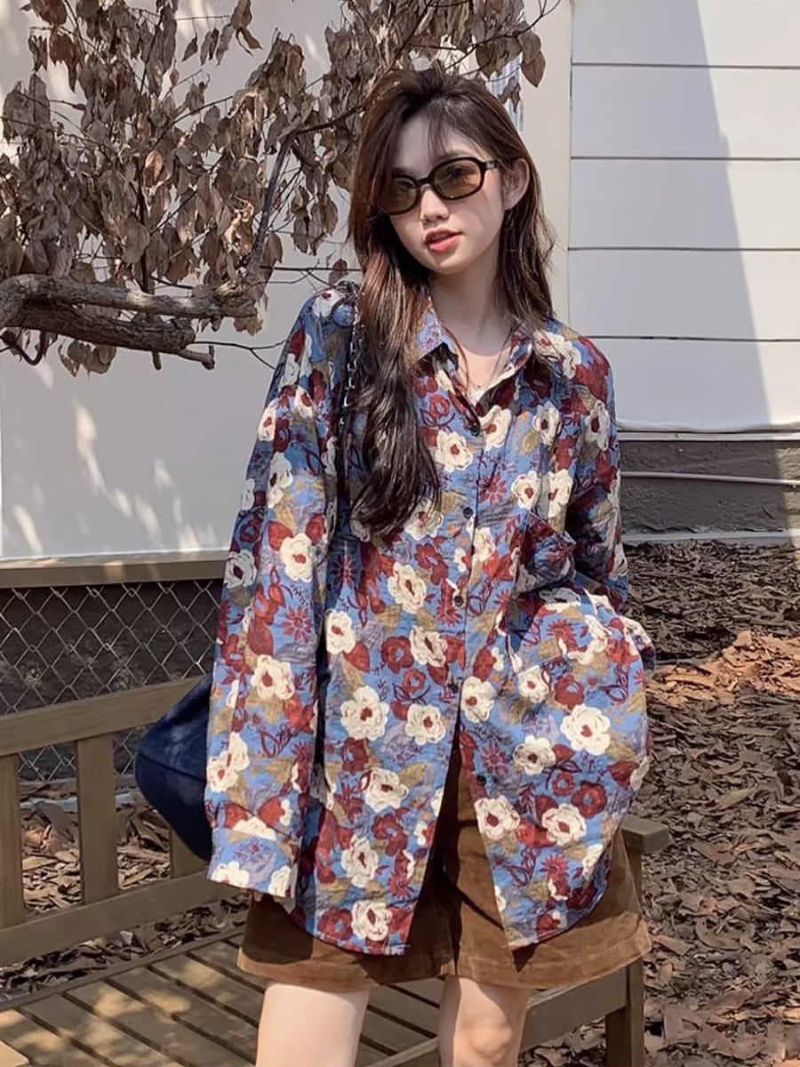 オーバーサイズ花柄ブルーシャツブラウス トップス 花柄 シャツ