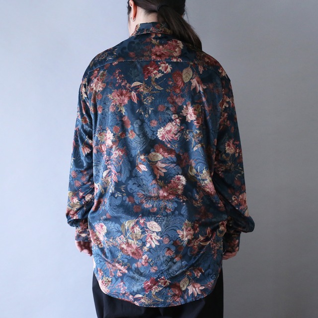 beautiful flower pattern loose silhouette velours see-through shirt