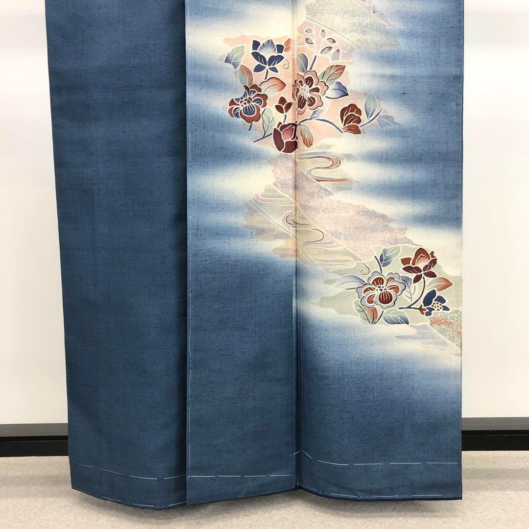 付下げ 品のある花柄模様 暈し 紬 青黛色 しつけ糸 K-3541 | リユース 