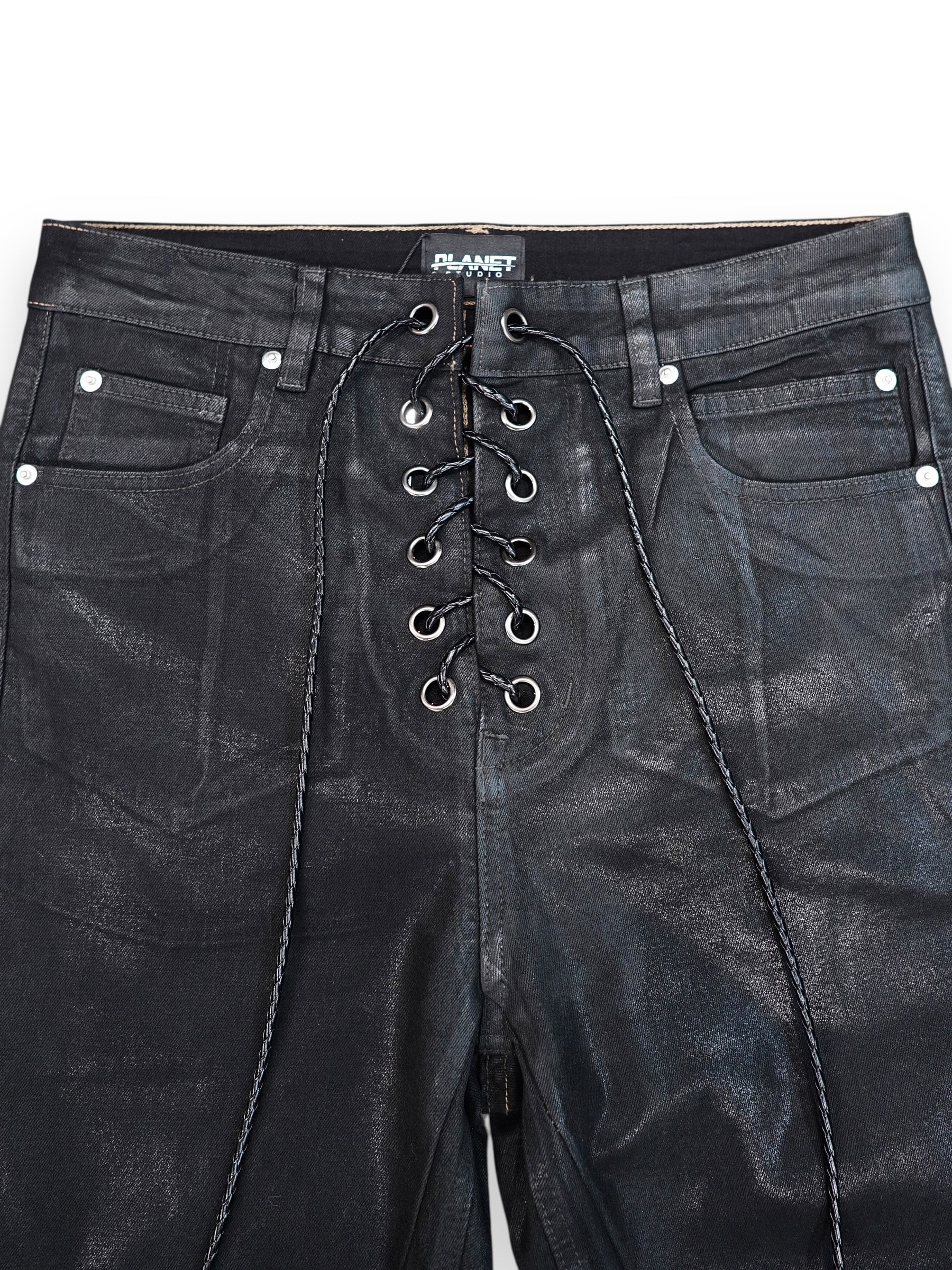 PLANET STUDIO】Wax Coating Lace Up Flare Denim Pants | OVERTURE