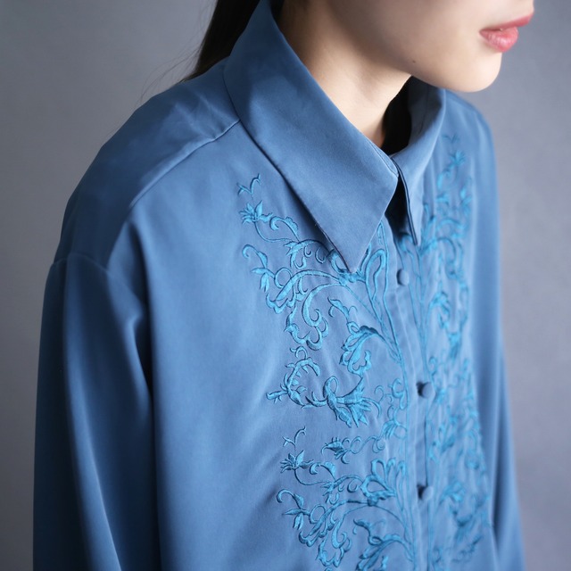 "刺繍" flower motif special embroidery design loop button loose shirt