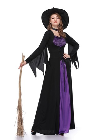 新しいハロウィン魔女コスチューム大人のロールプレイング紫魔女ドレスコスプレ衣装