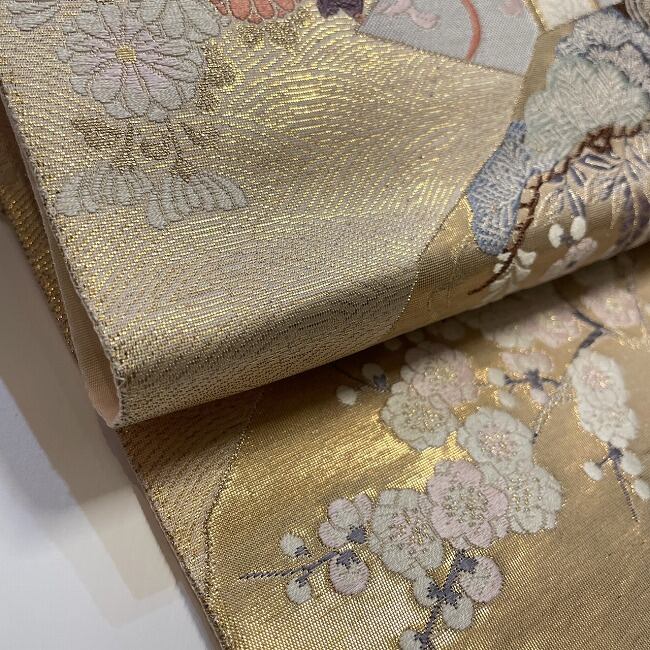 洒落袋帯▫黄土色、こげ茶地に琵琶のワンポイント柄▫リバーシブル 