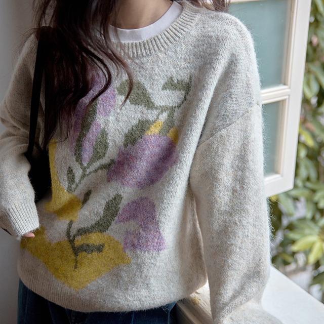 floral crew-neck oversized knit　J00375