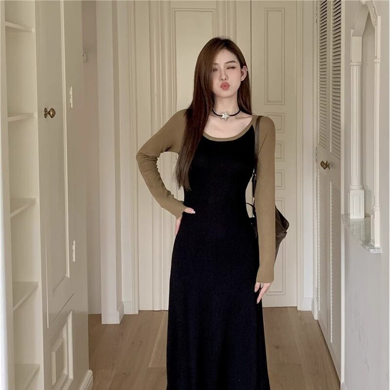 【新作】【送料無料】 2024 早春の新韓国スタイル多用途スタイルコントラストカラー年齢軽減ラグランスリーブニットドレス女性のための 0380524967425