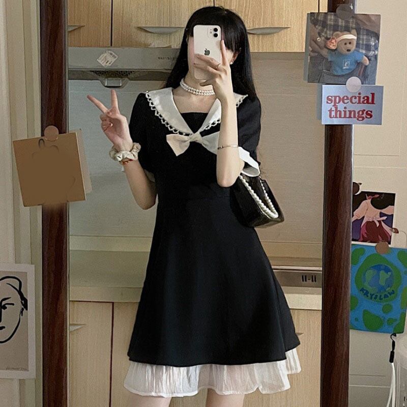 サマースタンダードスリーブネイビーカラーウェスト薄手Aラインドレス レトロ 夏物 YY-ファッション82328662948