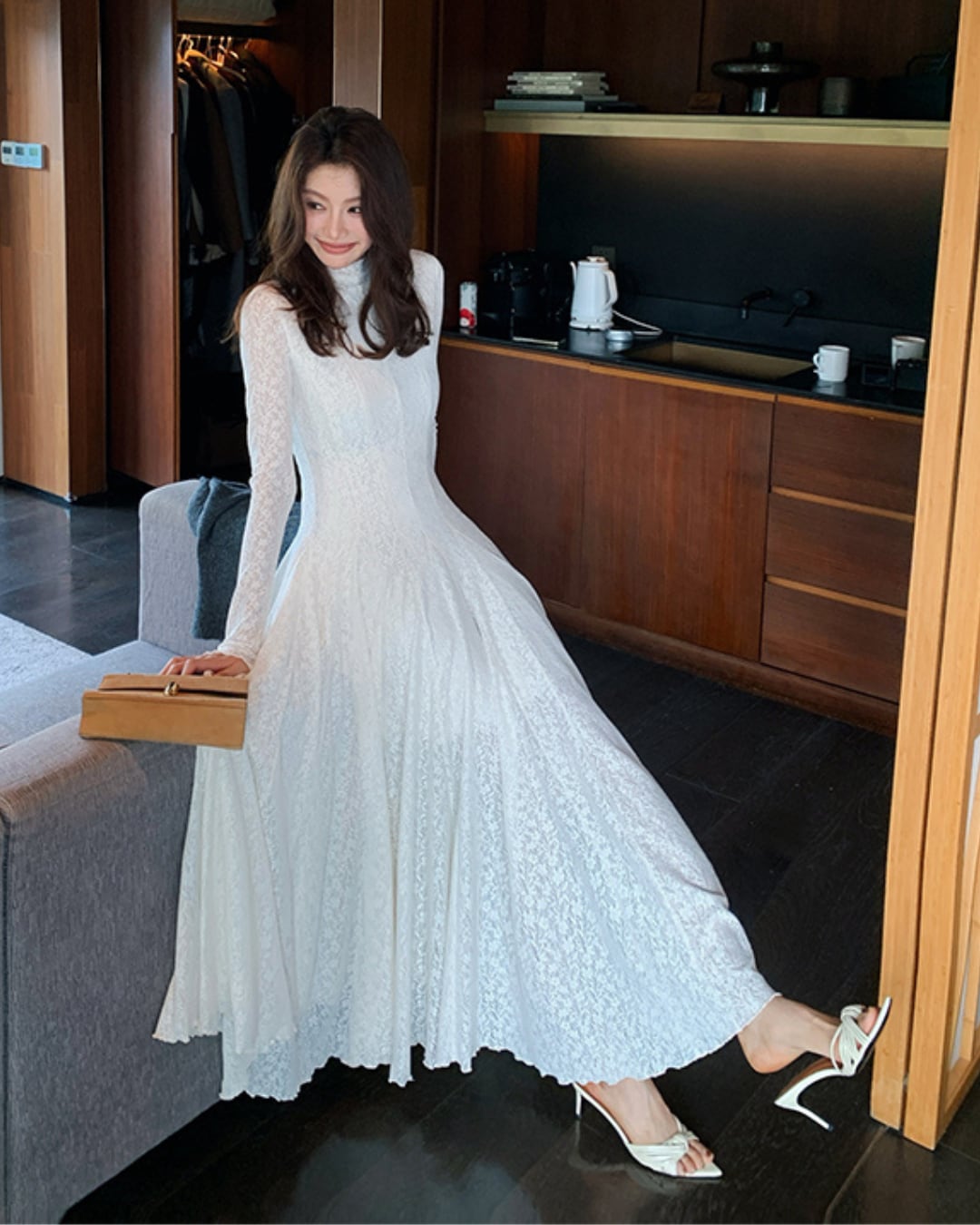 フレアレースロングワンピース A25191