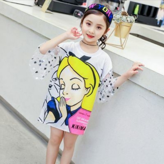 110~160cm ★ Alice ポップ 派手 Tシャツ ワンピース チュニック レース 袖 2019s/s 韓国 子供服 女の子 ガールズ キッズ カジュアル /P224