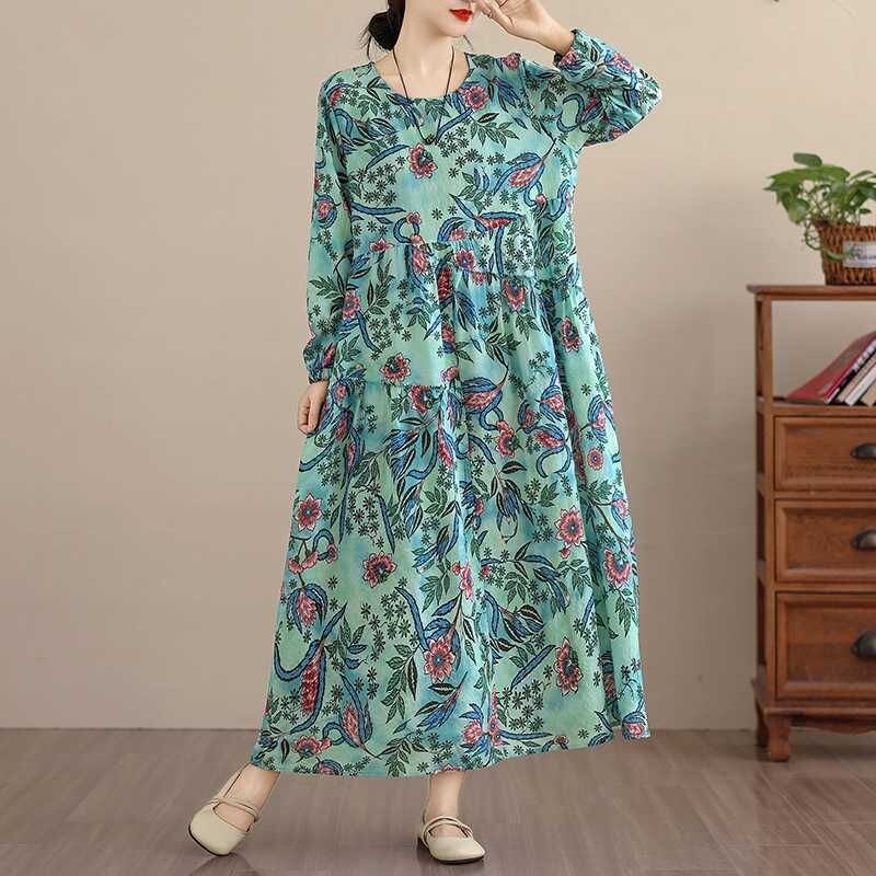 BLUE FLOWER PRINT BOAT NECK A-LINE LONG PULLOVER DRESS 1color M-16035