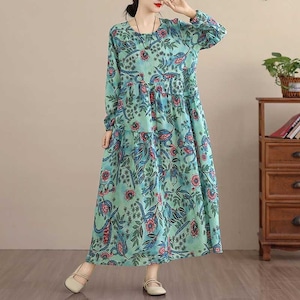 BLUE FLOWER PRINT BOAT NECK A-LINE LONG PULLOVER DRESS 1color M-16035