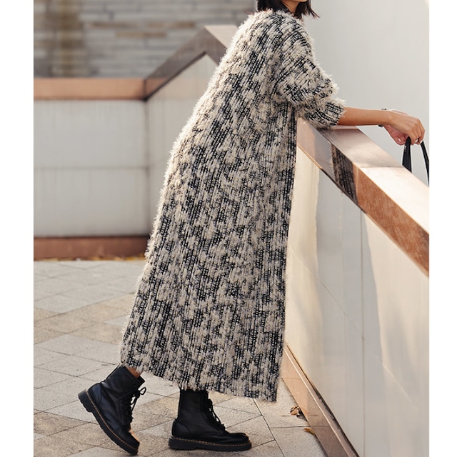 Shaggy Tweed-Knit Straight Maxi Dress　S0369