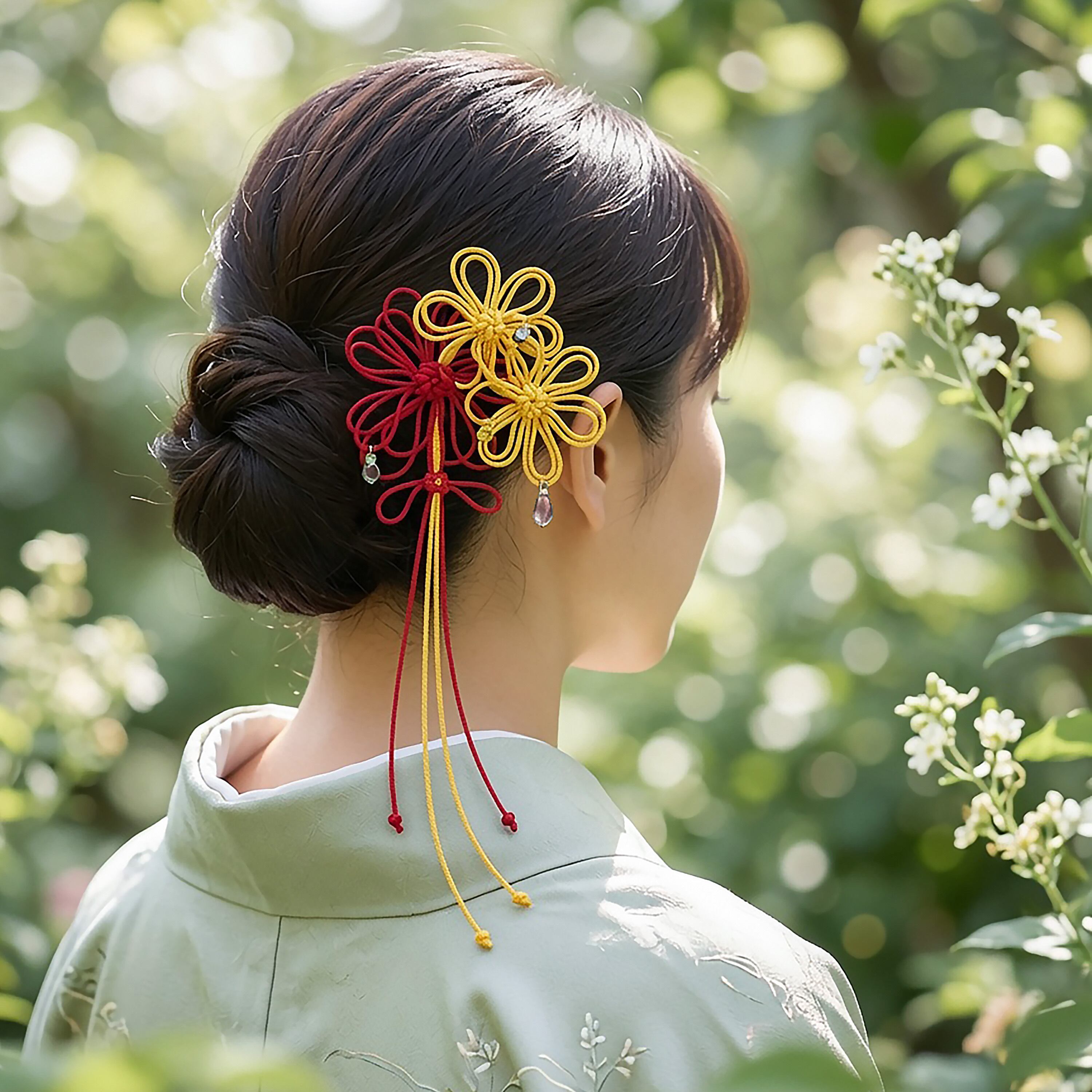 飾り結びかんざし「唄ほのか」(黄×赤)【軽量】浴衣・着物・フォーマルの和装ヘアに。