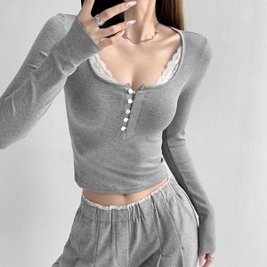 lace U-neck bottoming knit top la1048