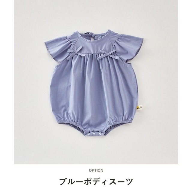 【BABY】ブルーダブルリボンフリル袖半袖ロンパース - 2