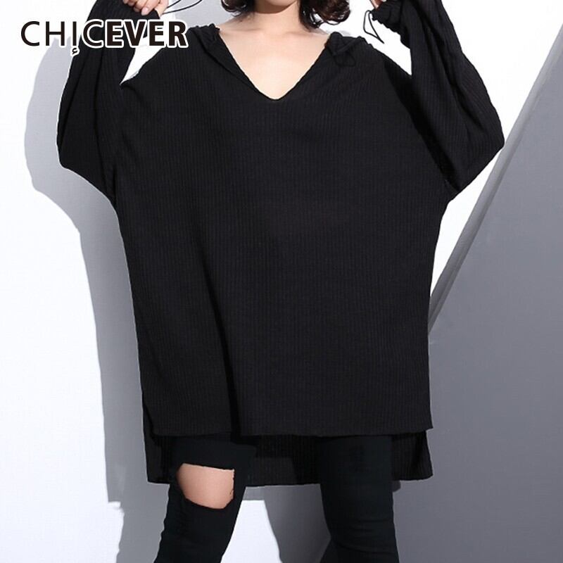CHICEVER秋のセーター女性フード付きVネック長袖ルーズオーバーサイズニットプルオーバートップスタイド ロング オータム 秋物 6base533463340137