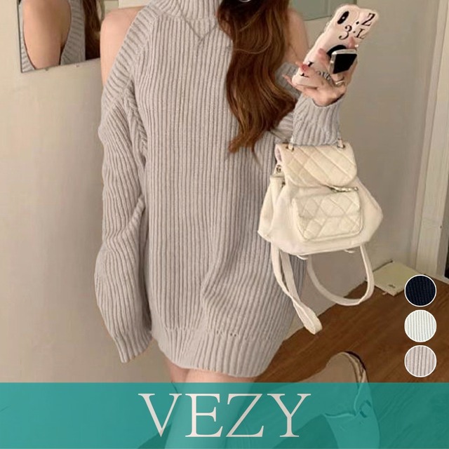 オープンショルダーニットワンピースミニ丈 ショルダーカットニットチュニック セクシー肌見せニットセーター ハイネックリブニット ゆったり 韓国風秋冬服 ワンピース  VEZY ベジー  ItemNo.【23366070】