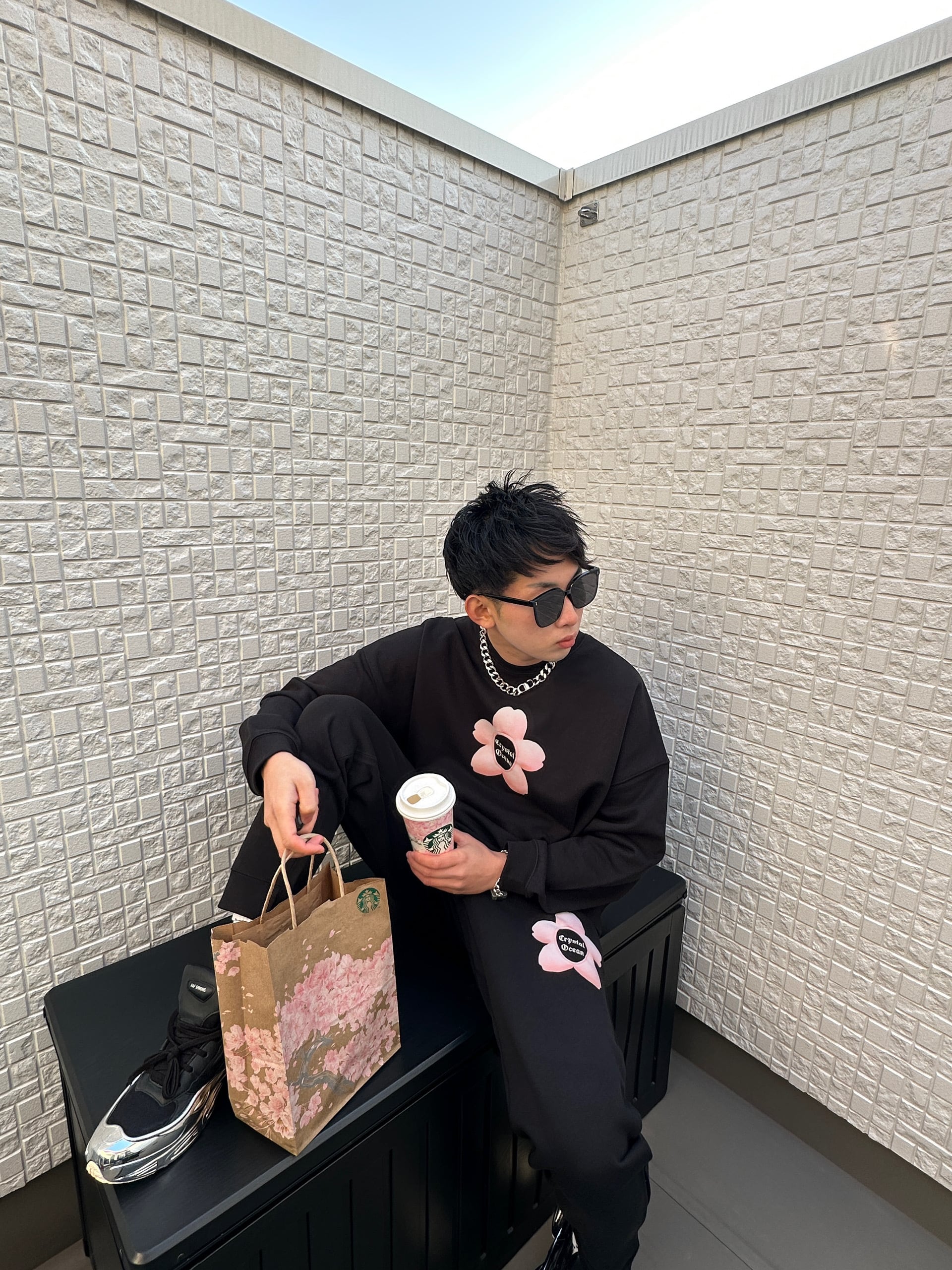 Crystal Ocean 桜セットアップ 花柄 ホワイト ブラック | Crystal Ocean