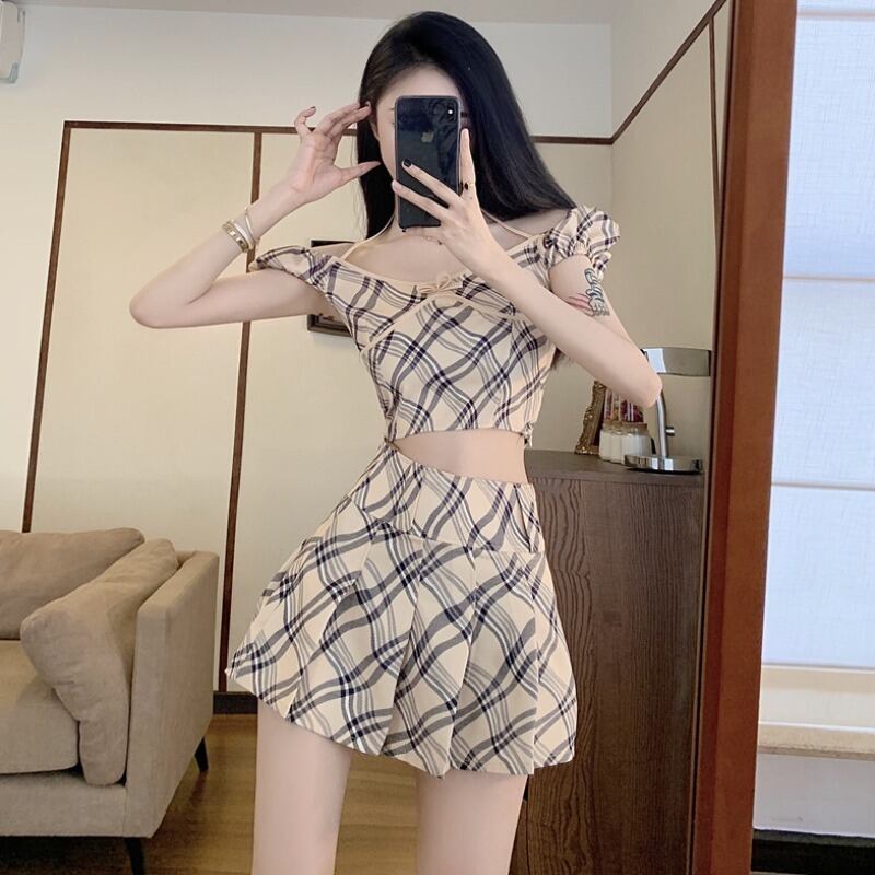 サマースタンダードスリーブスリムトップス ハイウェストウェストプリーツスカート レトロ 夏物 ハンチェンe2726661440