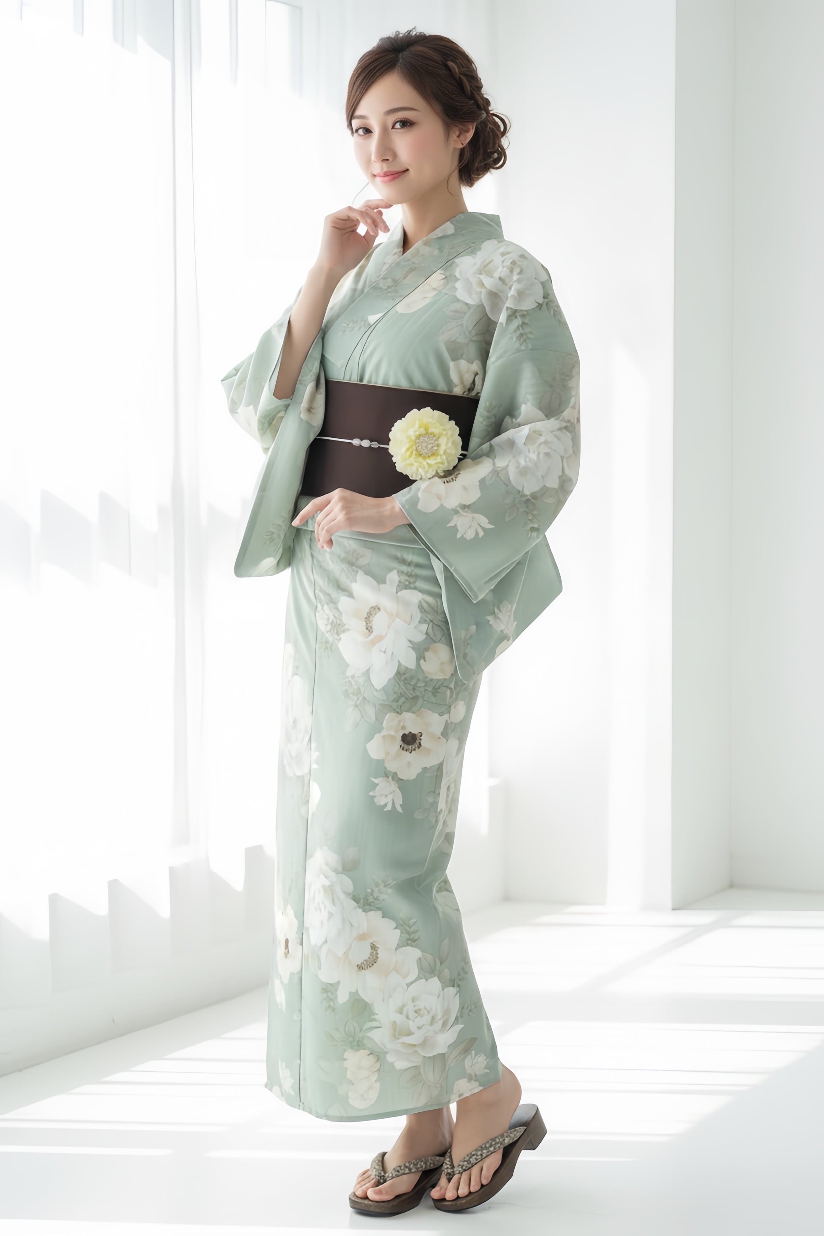 浴衣ジェンヌ 浴衣5点セット ライトグリーン くすみグリーン ポリエステル ゆかた 半幅帯 浴衣