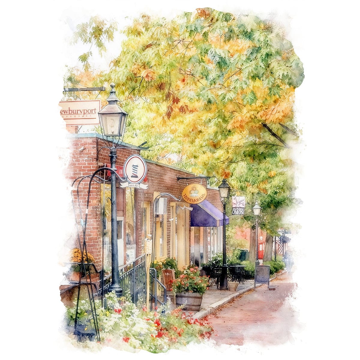 絵画 アメリカ 風景画(街並み) マサチューセッツ州ニューベリーポート インテリアアート額付き 水彩画・油絵調 WAT0271