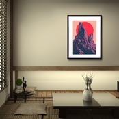 Crimson Peak Flow｜赤い太陽と抽象山岳が描くモダンアートポスター｜有機的ラインが印象的な現代風景画｜A3ポスター