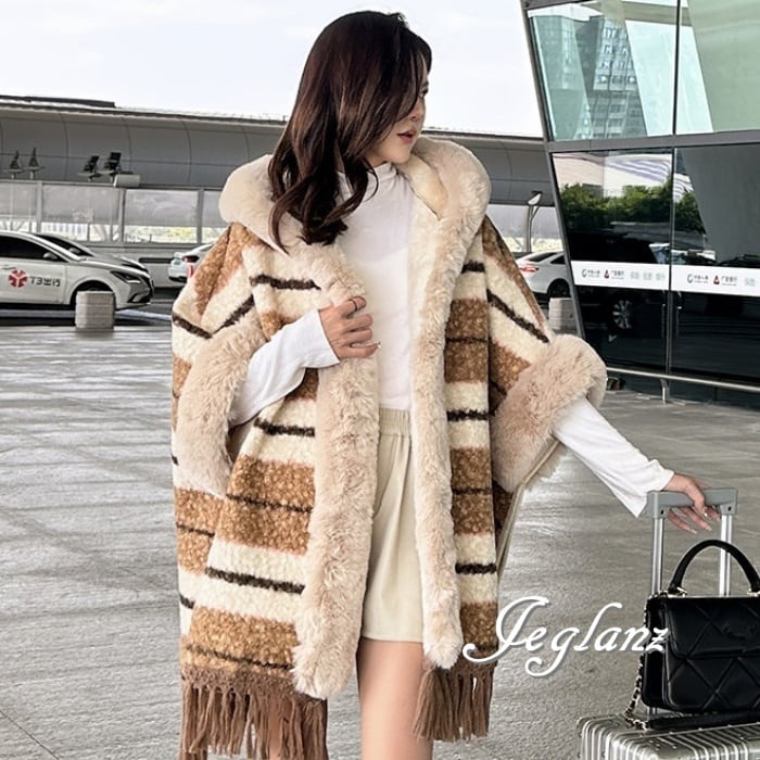 ポンチョ マントコート ケープ コート 配色 フリンジ フード付き(M4871)υ