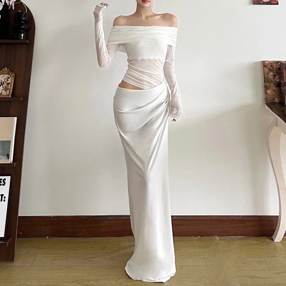 SylCue メッシュパッチワークロングドレス女性スラッシュネックフルスリーブ中空ウエストレスローブミッドナイトプロムパーティーシャーリングエレガントな Vestidos