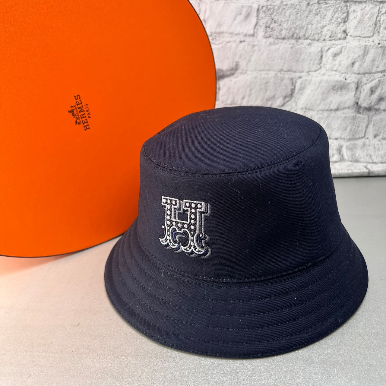HERMES エルメス Hエレクトリック ハット 帽子 コットン 紺 A-14280