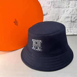 HERMES エルメス Hエレクトリック ハット 帽子 コットン 紺 A-14280