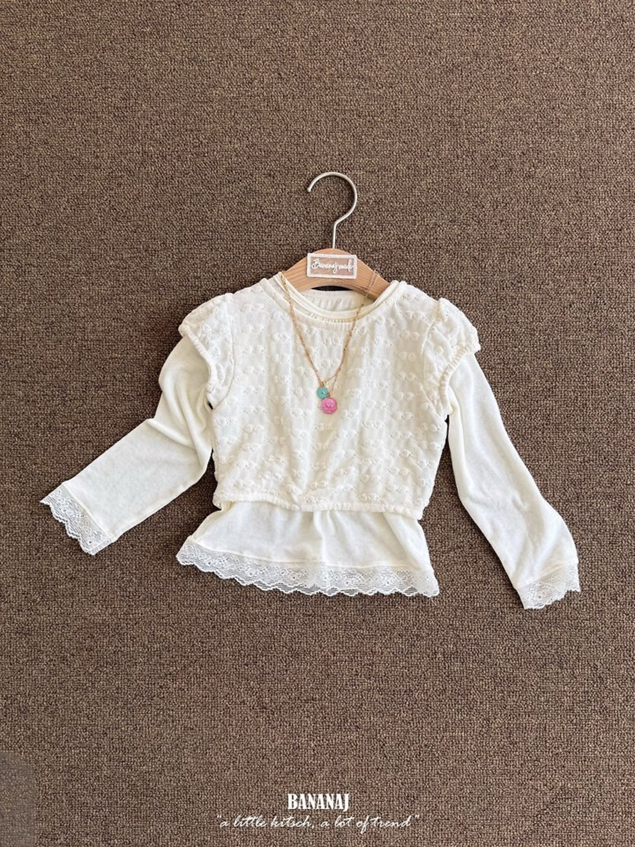 韓国子供服 / BANANA J / 26Autumn / レース ボーダーTシャツ / 秋服 / キッズ *XS~JS*