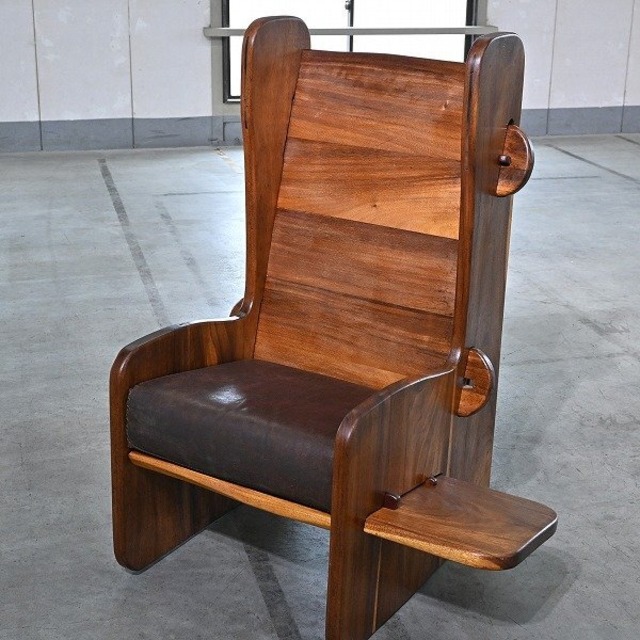 ビンテージ サイドテーブル付きチェア ウォールナット無垢材 本革 台 ハイバック 椅子 クラシック ラウンジ【中古家具/中古インテリア/USED家具ユーズド家具/リサイクル】