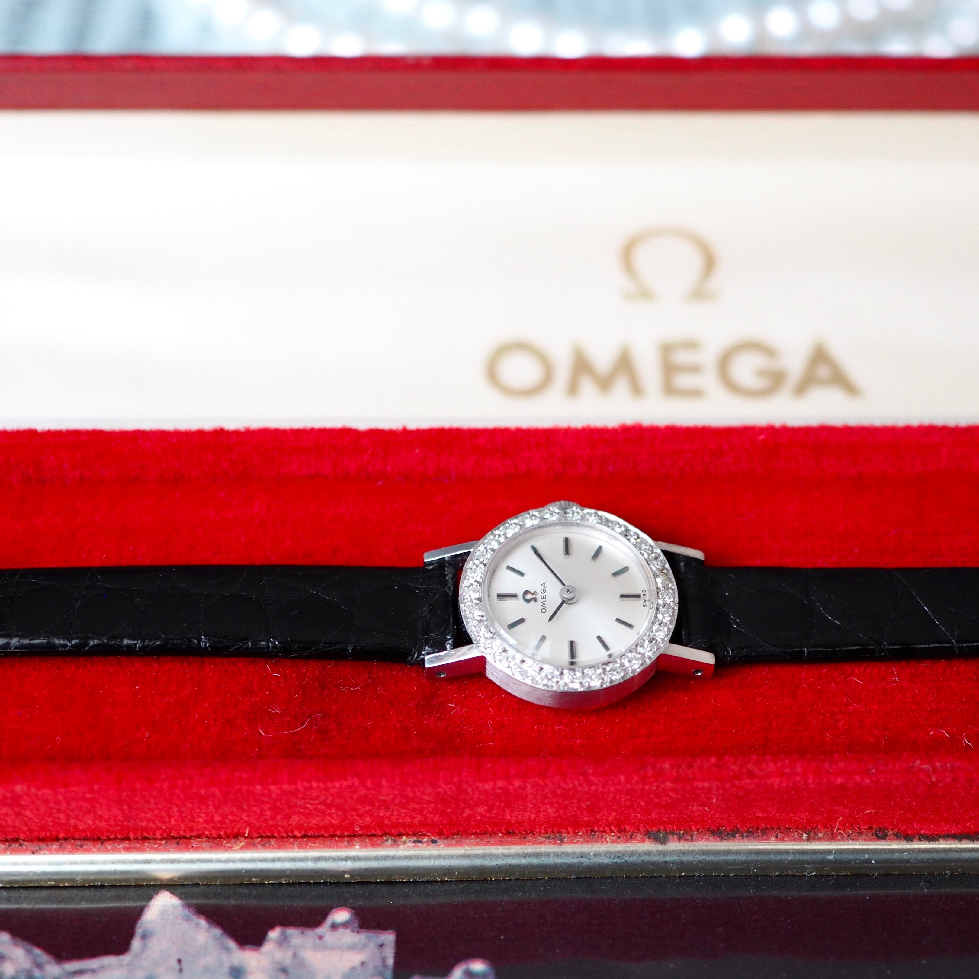 OH済 OMEGA アンティークK14 ダイヤモンドブレ腕時計 