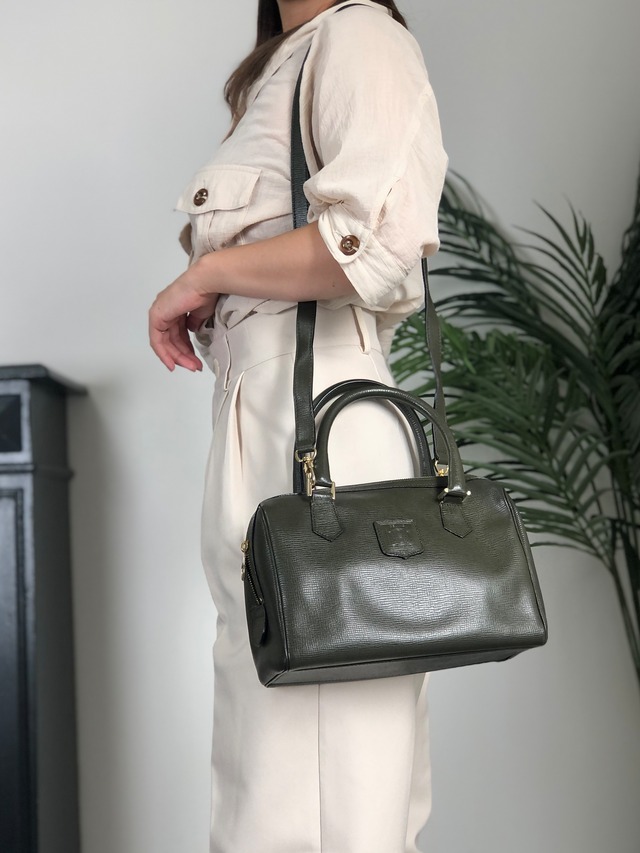 CELINE セリーヌ ショルダーバッグ グリーン ブラゾン型押し レザー 2way ミニボストン ミニバッグ vintage ヴィンテージ オールド du4fhp