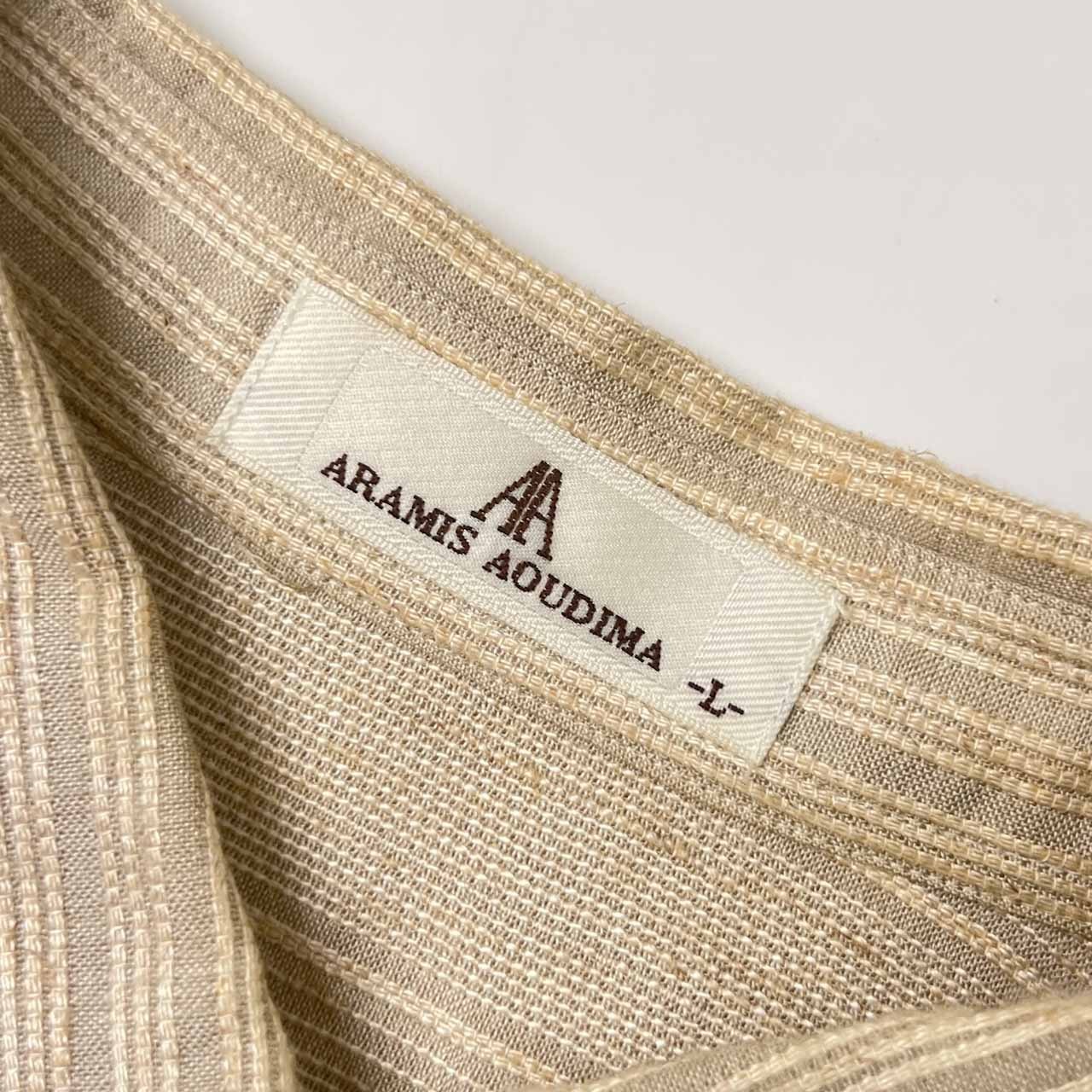 リネン混 ARAMIS AOUDIMA アラミスオーディマ ストライプ 刺繍デザイン BD ボタンダウン 半袖シャツ L/ベージュ系 メンズ